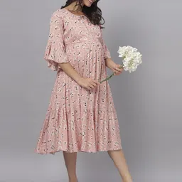 Mammas Maternity Floral Print Keyhole Neck Bell Sleeve Maternity Midi Dress-image-18