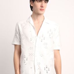 Voroxy Men Straight Cuban Collar Textured Polycotton Casual Shirt-image-24