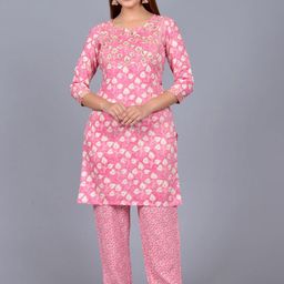 Neemiya Women Floral Printed Regular Mirror Work Kurti with Trousers-image-58