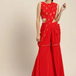 Women Flared Red Georgette Trousers-image-13