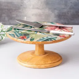 Cake Stand with Set of 2 Cake Servers Printed Cake Cutting Holder Round Wooden Cup CakeTable Stand with Stand for surprice(Mango Wood,Green Silver,10 x10 x 4.5 inch) Wooden Cake Server-14