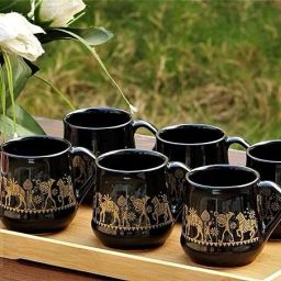 Pack of 6 Ceramic Gold Tribal Artwork Ceramic Black Mugs- Set Of 6-image-46