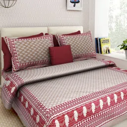 Aura White & Red Ethnic Motifs Printed 144 TC Cotton Queen Bedsheet Set 2.10 m x 2.30 m-picture-4
