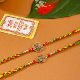 Sangria Set Of 2 Artificial Stones Studded & Beaded Floral Thread Rakhis With Roli Chawal-16