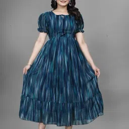 MISS CLOTHING Print Tie-Up Neck Puff Sleeve Layered Georgette A-Line Midi Dress-image-96