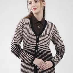 Monte Carlo Women Striped Self Design V Neck Full Sleeves Woollen Cardigan Sweaters-picture-4