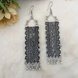 ZURIKRISHA German Silver Silver Plated Artificial Beads Oxidised Geometric Drop Earrings-picture-20