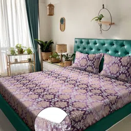 Myntra Elegant Homes Purple & Beige Printed Fitted 300 TC King Bedsheet Set 2.50m x 2.25m-image-88