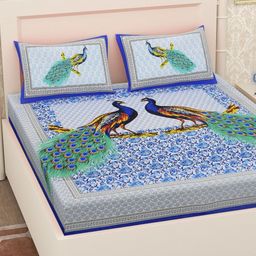 Aura Blue & Green Ethnic Motifs 144 TC Queen Bedsheet with 2 Pillow Covers-image-81