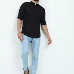 MIRAAN Men Modern Mandarin Collar Solid Cotton Casual Shirt-15