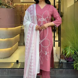 KALINI Floral Embroidered V-Neck Straight Thread Work Kurta With Trouser & Dupatta-picture-7