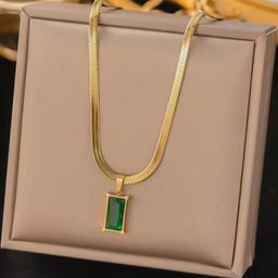 Khusha Creations Gold-Plated Green Emerald-Cut Pendant Necklace-58