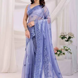 Peachmode Floral Embroidered Sequinnned Net Saree-20
