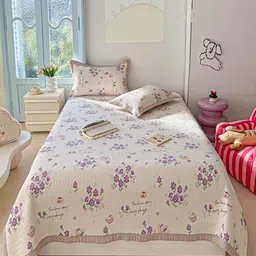 JC HOME White & Purple Floral Printed 162 TC Double Superking Bed Cover With Pillow Covers-image-46