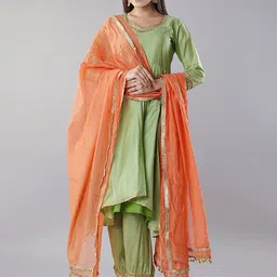 Utsav Fashion Women Regular Mirror Work Chanderi Cotton Kurta with Trousers & With Dupatta-picture-50