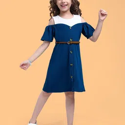 Hola Bonita Girls Solid Half Cold Shoulder A-Line Dress-image-74