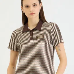 ELLE Women Striped Polo Collar Monochrome Applique T-shirt-image-48