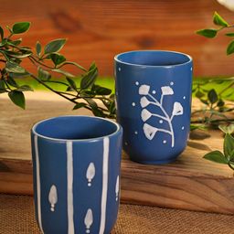 JAYPORE Blue and White 2 Pieces Floral Printed Stone Cups 355 ml-image-19