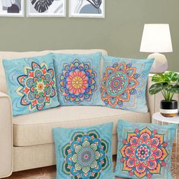 Myntra Elegant Homes Blue & Red 5 Pieces Ethnic Motifs Velvet Square Cushion Covers-image-42
