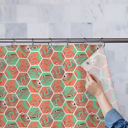 ArtzFolio Peach-Coloured & Green Printed Waterproof Shower Curtain-14