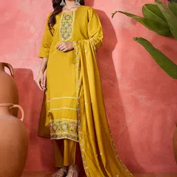Sangria Floral Yoke Design Thread Work Pure Silk Straight Kurta With Trousers & Dupatta-picture-37
