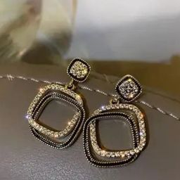 CareDone Korean Gold-Plated Rhinestone Studded Square Shaped Drop Earrings-picture-1