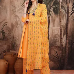 HERE&NOW Women Pleated Thread Work Pure Cotton Kurta with Palazzos & With Dupatta-picture-28