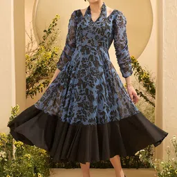 Antheaa Women Floral Print Halter Neck Puff Sleeves Maxi Dress-image-53