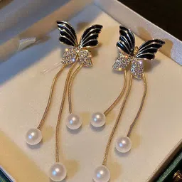 VAGHBHATT Gold-Plated Pearls Beaded & Rhinestone Studded Butterfly Shaped Drop Earrings-51