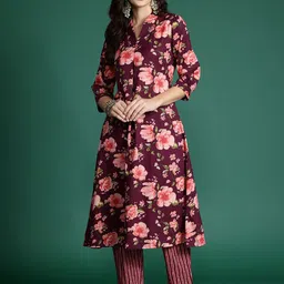 Indo Era Floral Printed V-Neck Pure Cotton A-Line Tunic With Trouser-picture-51