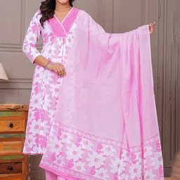 Kanahari Women Floral Yoke Design Regular Pure Cotton Kurta with Trousers & With Dupatta-picture-5