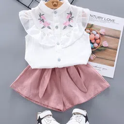 Bold N Elegant Girls Embroidered Band Collar Top With Shorts-image-80