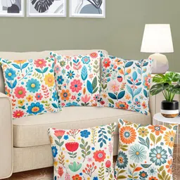 FABINALIV White & Blue 5 Pieces Floral Printed Velvet Square Cushion Covers-image-74