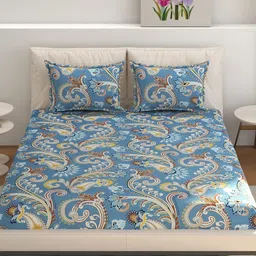 CLIO'S HERITAGE STORE Blue & Mustard Ethnic Motifs 210 TC Queen Bedsheet with 2 Pillow Covers-image-76