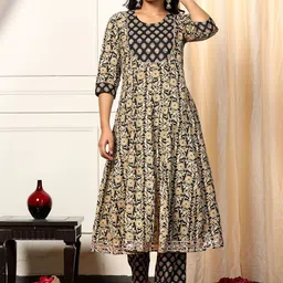 Sangria Floral Printed Cotton Ankle Length Anarkali Kurta & Trousers-image-87