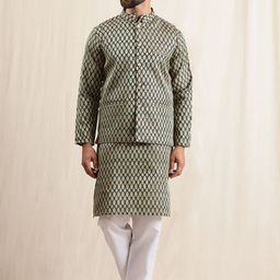 Anouk Floral Woven Design Mandarin Collar Straight Kurta With Pyjamas & Nehru Jacket-picture-15