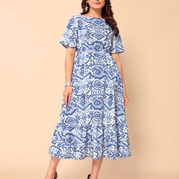 Murcia Abstract Print Flared Sleeve Fit & Flare Midi Dress-picture-21