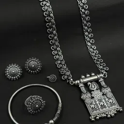 NAMAN ARTS Silver-Plated Oxidised Necklace Jewellery Set-image-25