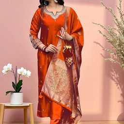 SAINOOR Floral Embroidered Sequinned Pure Cotton Kurta With Trousers And Dupatta-image-22