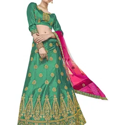 MANVAA Green & Pink Embroidered Thread Work Semi-Stitched Lehenga & Unstitched Blouse With Dupatta-15