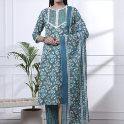 Yufta Women Floral Printed Cotton Kurta with Trousers & Dupatta-image-86