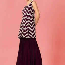 PARROT CREATION Floral Embroidered Sequinned Georgette Kurti With Sharara And Dupatta image 4