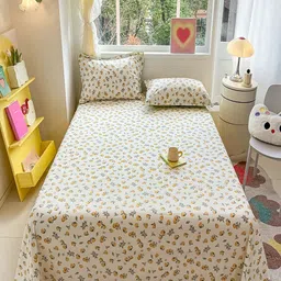 JC HOME Beige & Green Floral Pure Cotton 220 TC Single Bedsheet Set 1.60 m x 2.30 m-image-63