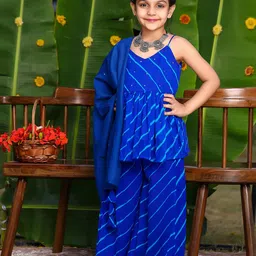 Thread & Button Girls Striped Regular Silk Chiffon Kurti with Trousers & With Dupatta image 4