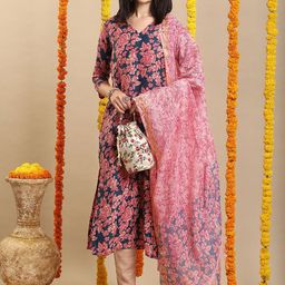GoSriKi Floral Printed V-Neck Straight Kurta With Trousers & Dupatta-picture-6