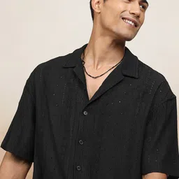 LOCOMOTIVE Men Cuban Collar Textured Solid Oversized Casual Shirt-image-50