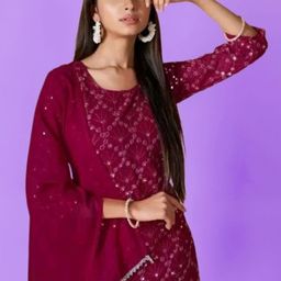 PARROT CREATION Women Embroidered Regular Sequinned Kurti with Sharara & With Dupatta image 2