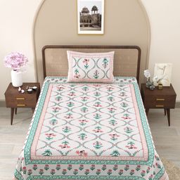 Aura Pink & Blue Floral Printed Pure Cotton 210 TC Single Bedsheet Set 2.28 x 1.52 m-picture-32