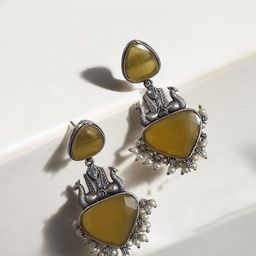 Sangria German Silver-Plated Artificial Stone Studded & Beaded Oxidised Drop Earrings-image-94