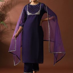Jaipur Kurti Women Floral Embroidered Regular Sequinned Chanderi Cotton Kurta with Trousers & With Dupatta-11